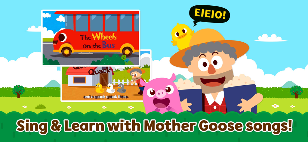 Pinkfong Mother Goose - Cartoon farmer and animals with nursery rhyme song previews including The Wheels on the Bus