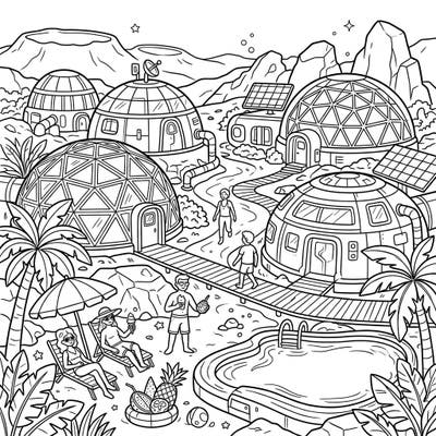 Imagine a summer getaway like no other with this unique coloring page featuring human settlements on Mars. Dive into a futuristic beach scene complete with domes, palm trees, and plenty of sunshine to color.