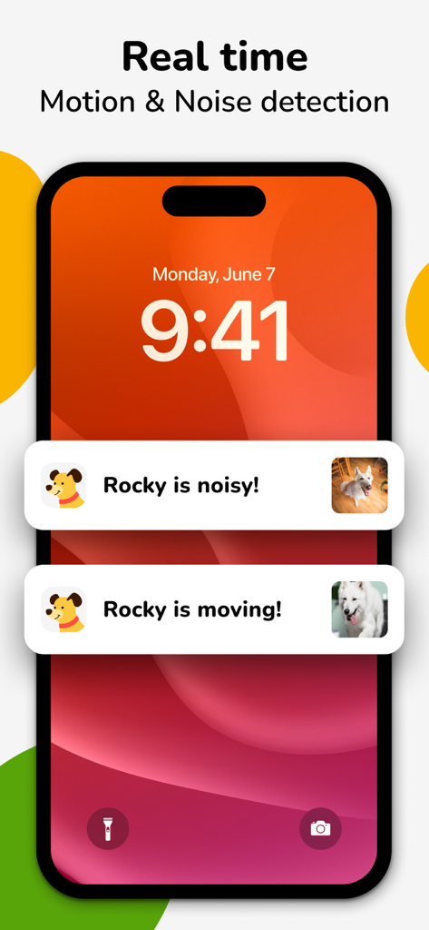 Barkio: Dog Monitor & Pet Cam - Barkio app notifications showing real-time motion and noise detection for a dog named Rocky on a smartphone screen