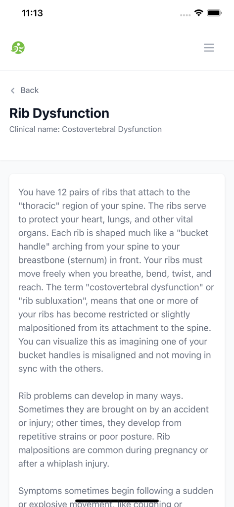 Educational information about rib dysfunction and symptoms in the HealthCom app