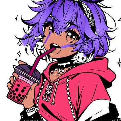 hot baddie anime girl drinking boba and biting the straw