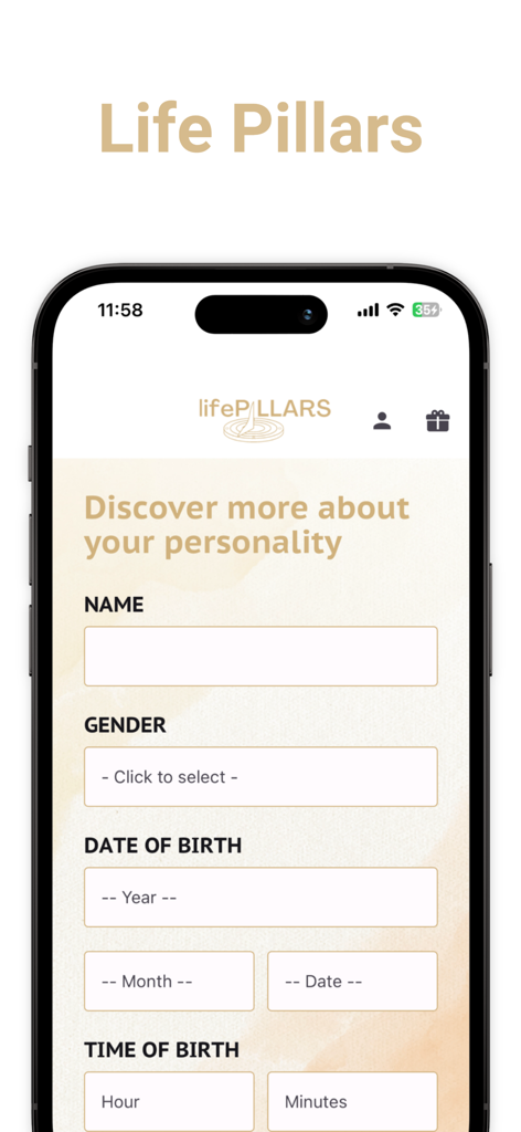 Life Pillars - Life Pillars app screen showing a registration form to discover personality traits with fields for name, gender, and birth details.