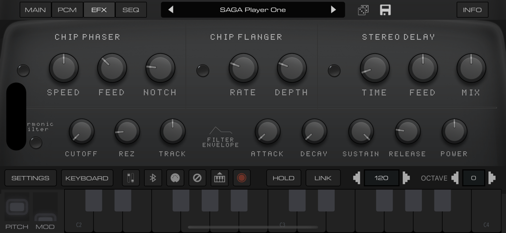 SAGA Synth | 16-Bit Sonic Fun! - Interfaz de la aplicación SAGA Synth mostrando perillas ajustables para efectos de phaser de chip, flanger de chip y delay estéreo