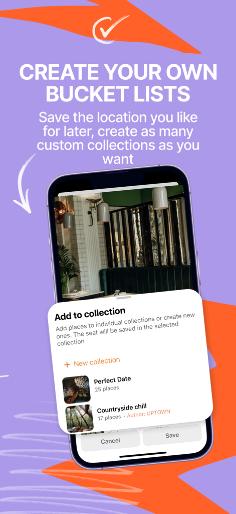 UPTOWN - map of places in town - Smartphone screen showing the UPTOWN app feature for creating and saving locations into custom bucket list collections.