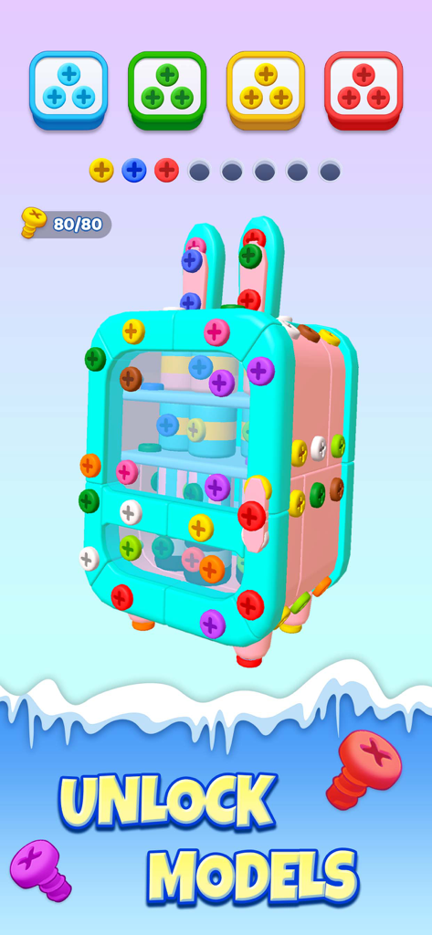 Unscrew Frenzy 3D - Gameplay of Unscrew Frenzy 3D showing a colorful 3D model puzzle with various screws and sorting bins.