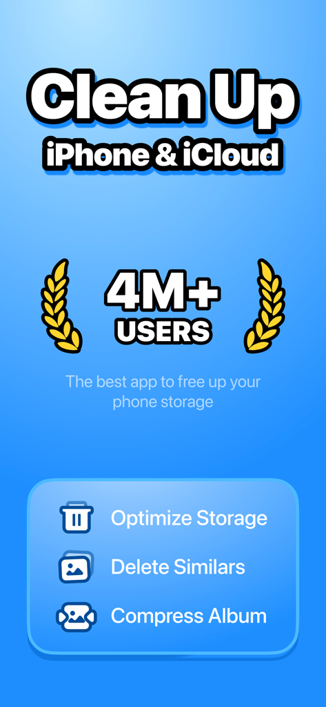 ZooZip App-Bildschirm, der Speicheroptimierung und Bereinigungsfunktionen für iPhone und iCloud hervorhebt