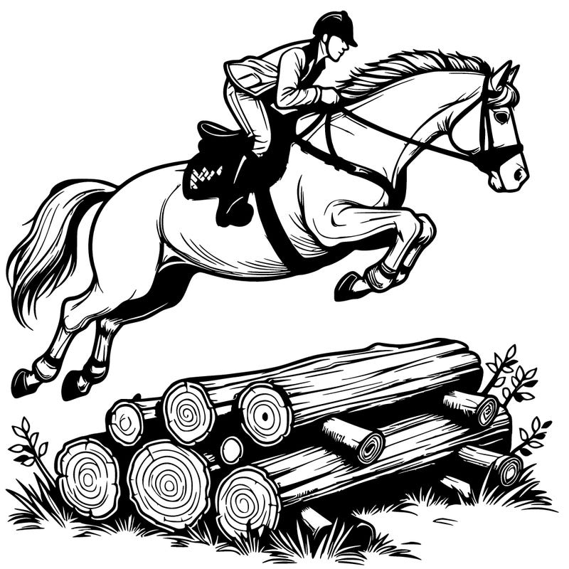 realistic horse jumping over log with rider