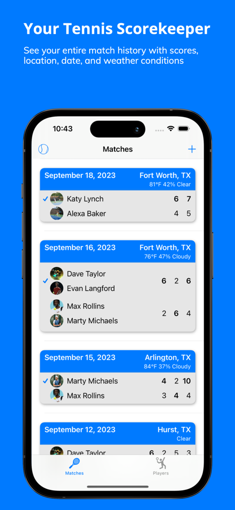 List of tennis match scores with locations and weather conditions in the MatchTrack app.