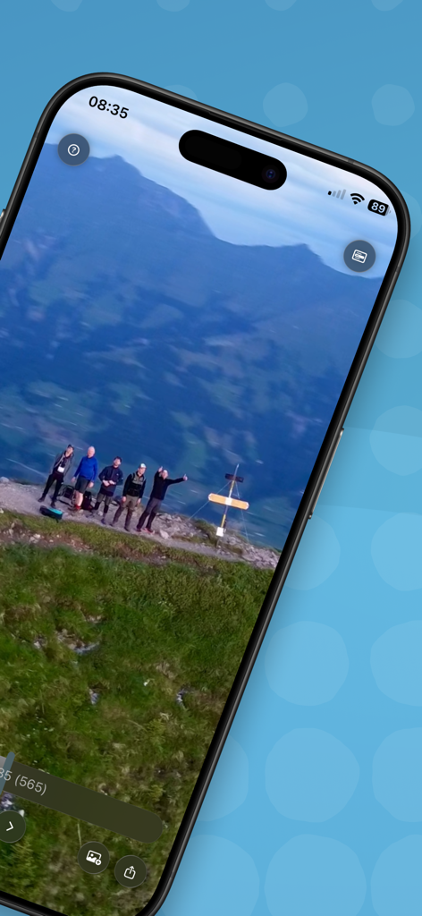 Freeze Frame! - Freeze Frame app interface showing high-resolution video frame extraction of a group on a mountain.