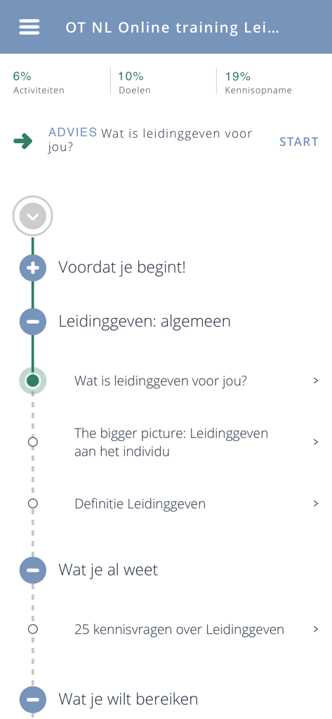 GITP mobile app screen showing a leadership course timeline and user progress.