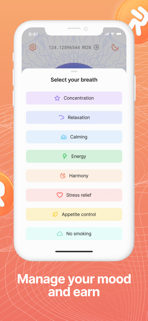 Robox Relax - Breathe & Earn - Robox Relax app screen showing various breathing exercise categories to earn crypto rewards