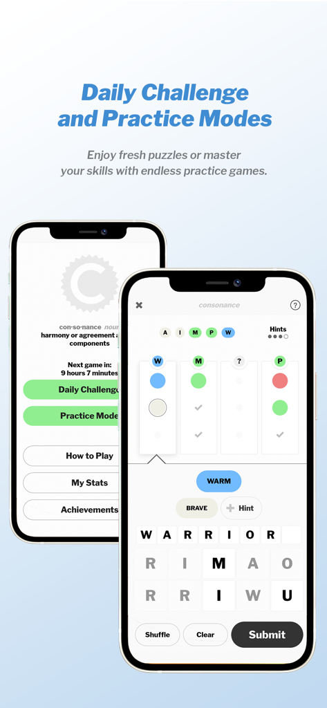 Aplicación móvil Consonance que muestra las pantallas de desafío diario y modo de práctica