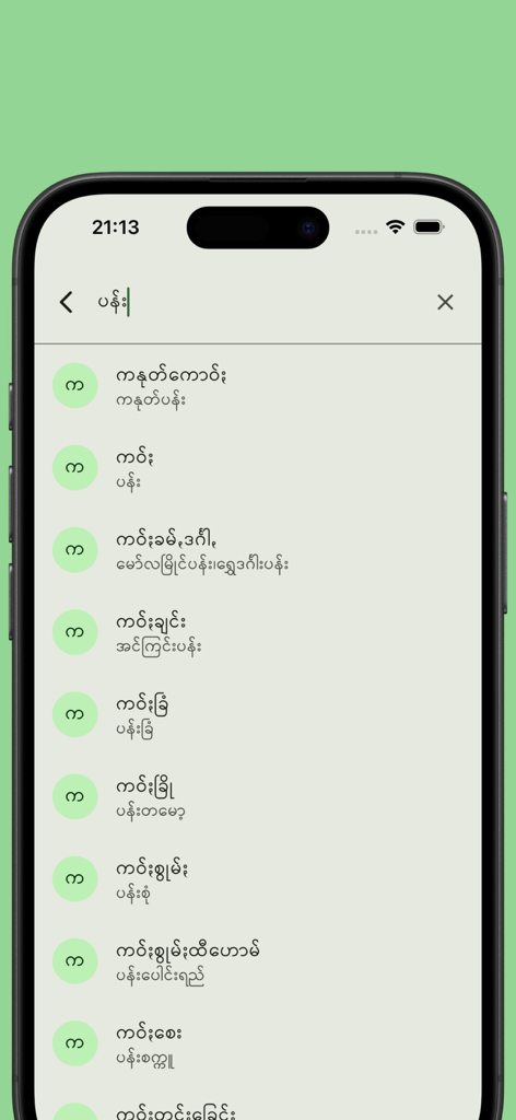 Search results page of the Pa'O Myanmar Dictionary mobile app showing linguistic translations