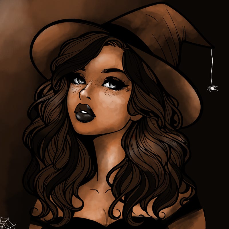 realistic witch girl with wavy hair and lips