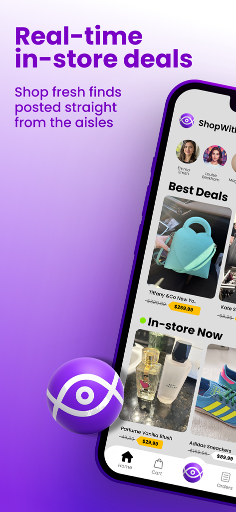 ShopWithMe App - ShopWithMe app interface showing real-time in-store deals and personal shopper profiles
