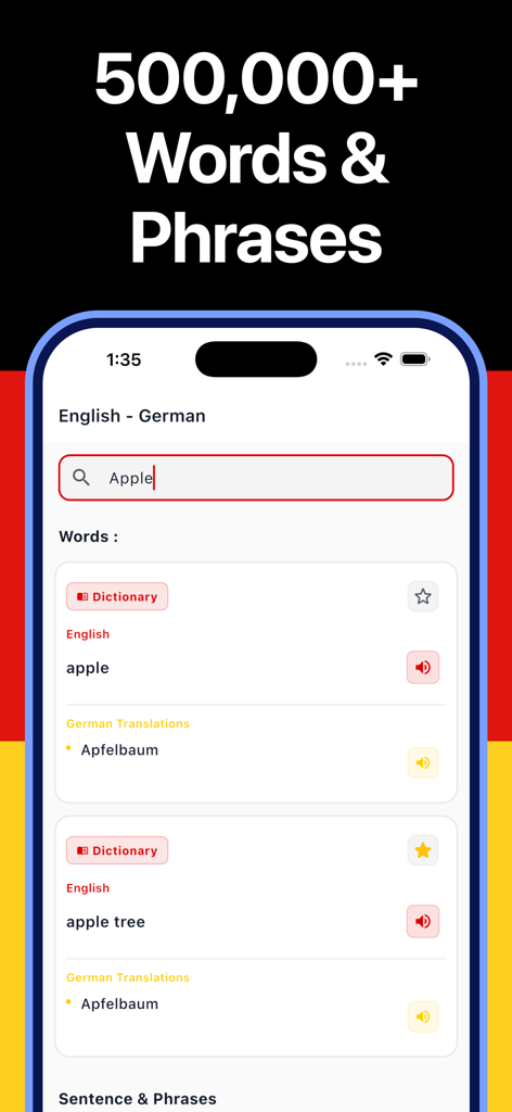 Interface do aplicativo Tradutor Alemão Dicionário mostrando traduções de palavras de inglês para alemão e recursos de pronúncia