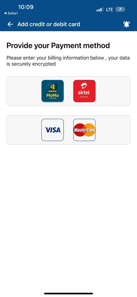 Pantalla de pago de la aplicación E-NSURE que muestra opciones de dinero móvil y tarjeta de crédito