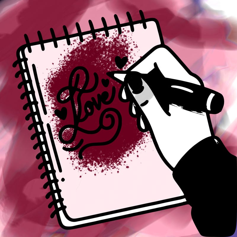 a hand writing “love” in calligraphy on a notebook