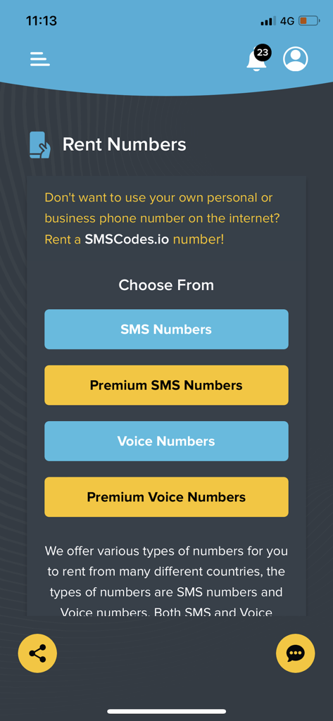 SMSCodes.io - SMSCodes 모바일 앱 화면으로 개인 정보 보호 및 인증을 위해 SMS 및 음성 번호 임대 옵션이 표시됩니다.