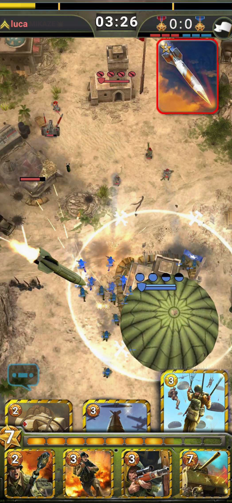 SIEGE: World War II - Gameplay screenshot of SIEGE World War II showing a missile strike and paratroopers on a desert battlefield