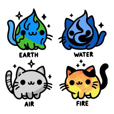 4 cats that represent the different elements, earth, water, air, and fire