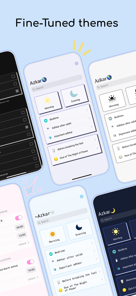 Azkar - Multiple smartphone screens displaying different color themes of the Azkar app interface