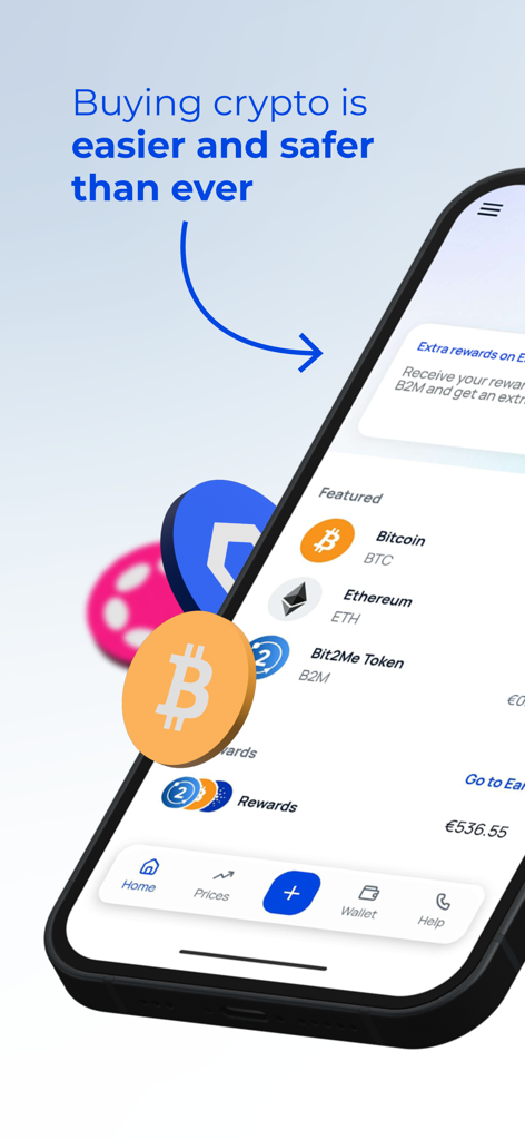 Interfaccia dell'app mobile Bit2Me che mostra opzioni per comprare Bitcoin ed Ethereum con facilità e sicurezza