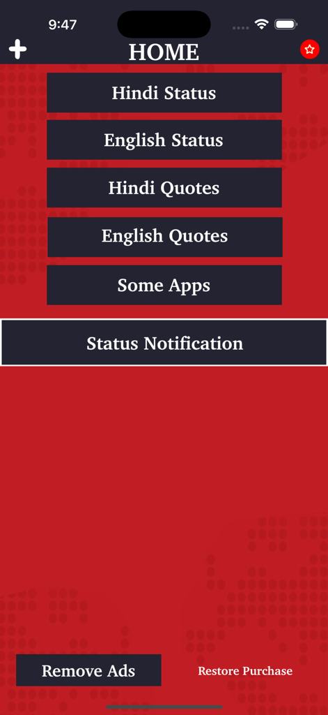 Love Status - Romantic Quotes - Home screen of the Love Status app featuring categories for Hindi and English status and quotes