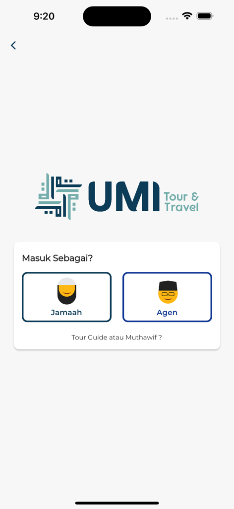UMI Tour Travel - UMI Tour Travel app login screen with options for Jamaah and Agen selection.