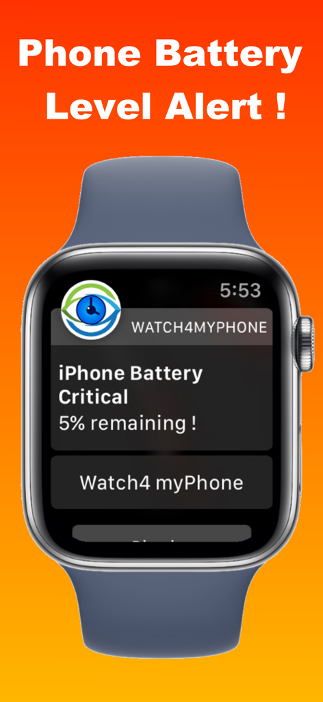 Watch 4 my Phone - Lost Alert - Pantalla de Apple Watch mostrando una notificación crítica de alerta de batería del iPhone al cinco por ciento.