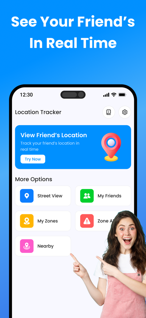 A smartphone displaying the main menu of the Find My Phone GPS Tracker app with options for real time location tracking and zone alerts