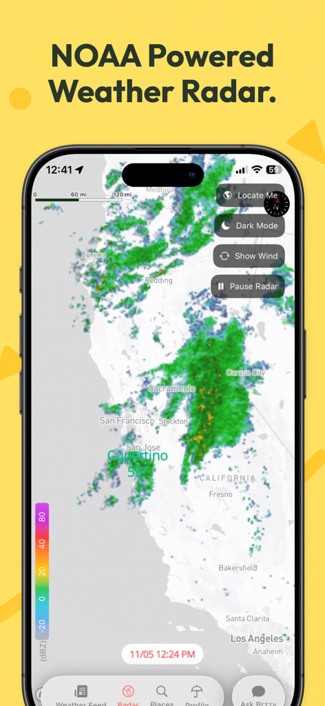Brzzy Weather - Interfaz de la aplicación Brzzy Weather que muestra un mapa de radar de precipitación en tiempo real impulsado por NOAA sobre California.