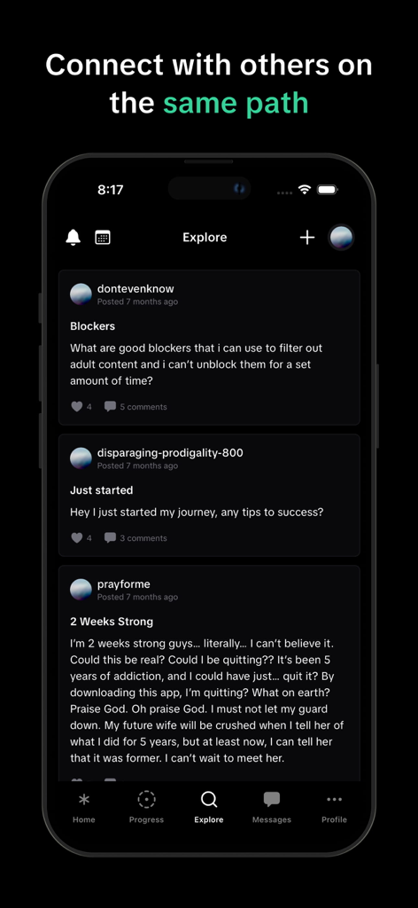 Unload: Overcome Lust with CBT - El feed de exploración de la comunidad en la aplicación Unload mostrando publicaciones de usuarios sobre recuperación de hábitos y progreso personal.