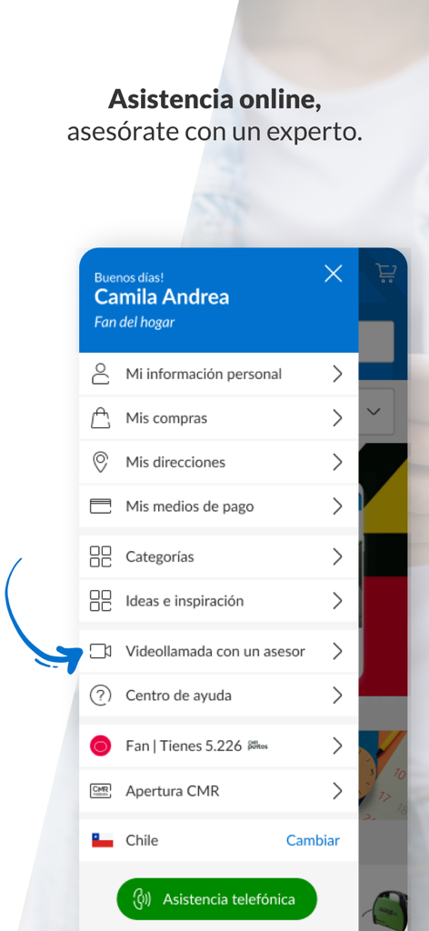 Interface de l'application mobile Sodimac affichant le menu du profil utilisateur avec une option d'appel vidéo mise en évidence pour l'assistance d'experts.