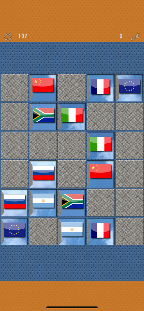 Pairs (Oh no! Another one!) - Gameplay screenshot of the Pairs memory matching game showing a grid with international flags
