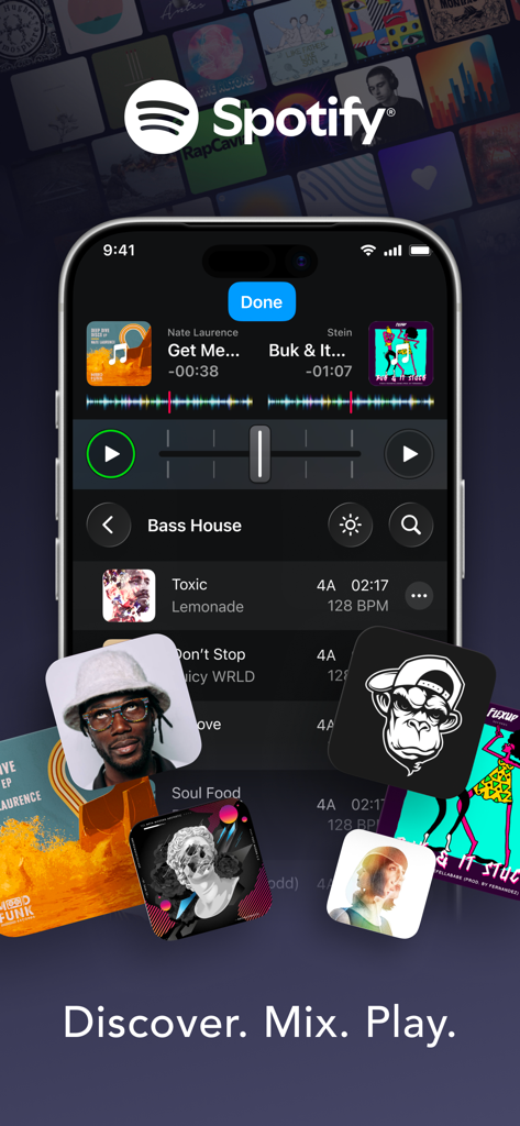 djay app interface on an iPhone showcasing Spotify integration and music mixing controls