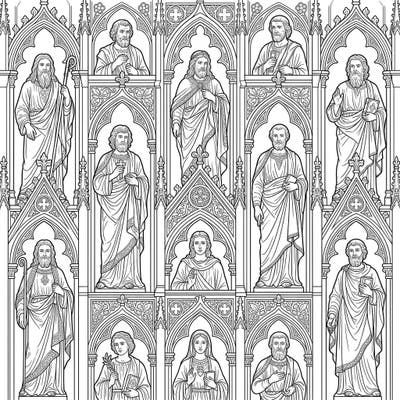 Immerse yourself in the intricate beauty of Gothic architecture and religious art with this stunning coloring page designed especially for teens. Bring these majestic cathedral statues to life with your unique color palette and artistic flair.