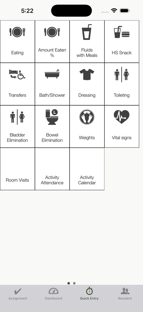 Schnelleingabebildschirm in der PointClickCare POC-App, der ein Raster von Symbolen für Bewohnerpflegetätigkeiten wie Essen und Vitalwerte zeigt