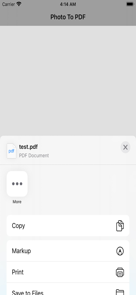 Photo to PDF - Converter - iOS share menu showing options to copy markup print and save a converted PDF document
