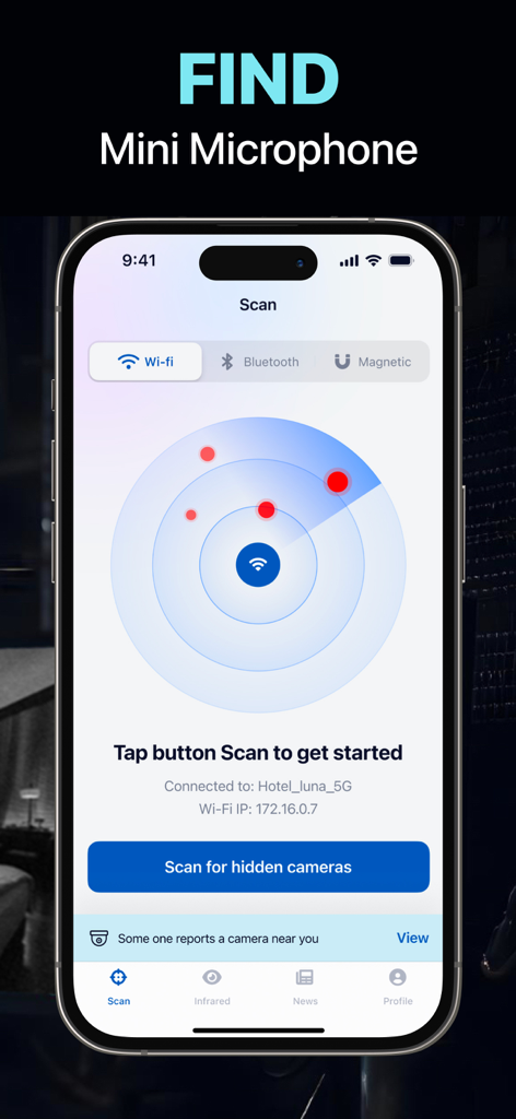 Hidden Camera Detector FindSpy - A mobile app interface showing a radar scan to detect hidden microphones and cameras via Wi-Fi network connections.