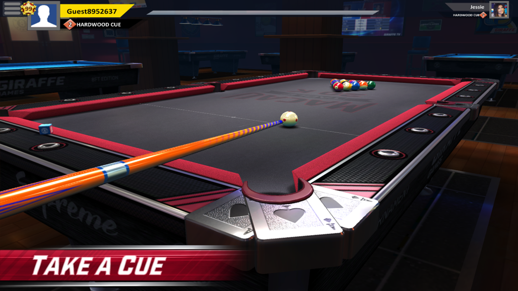 A realistic 3D perspective of a pool table and cue stick in the Pool Stars mobile game.