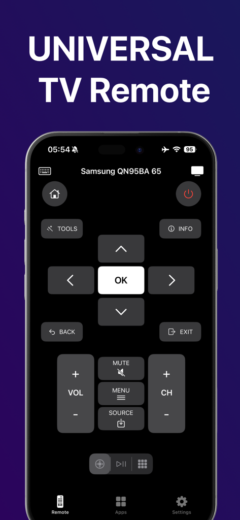Universal TV remote app interface on iPhone with Samsung TV controls