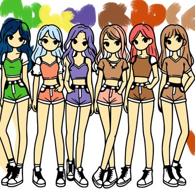 a group of girls wearing crop tops and shorts