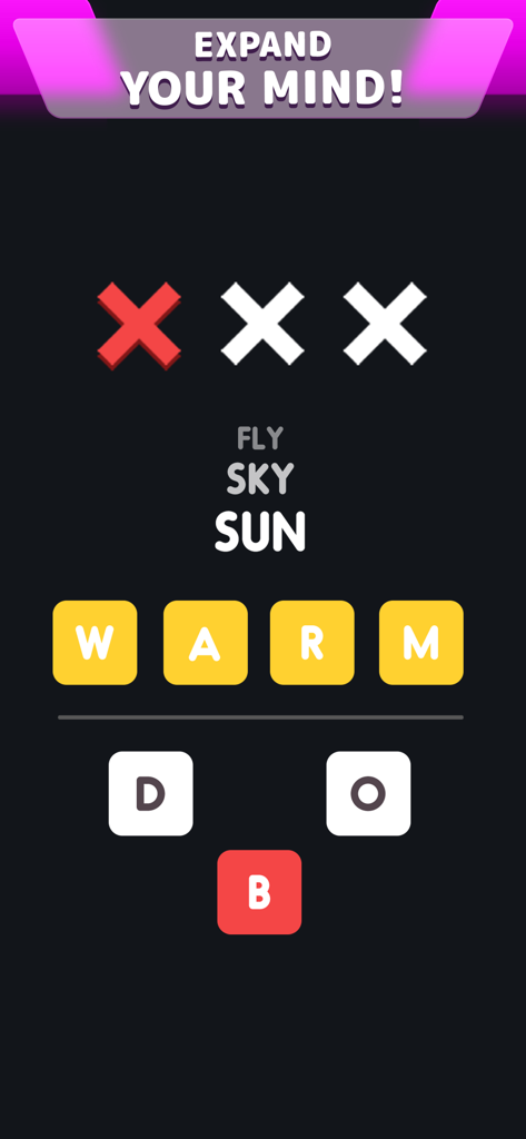 Wordle app gameplay showing Secret Word mode with word association clues for the word WARM