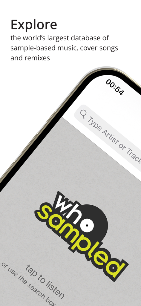 WhoSampled - WhoSampled app interface showing the explore screen for music samples covers and remixes