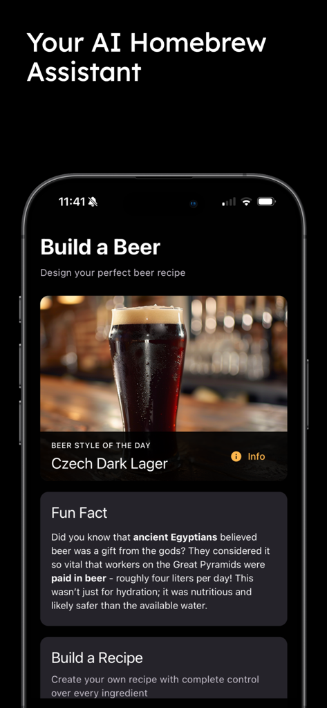 Build a Beer - Screenshot of the Build a Beer app home screen showing the AI assistant and a Czech Dark Lager recipe.