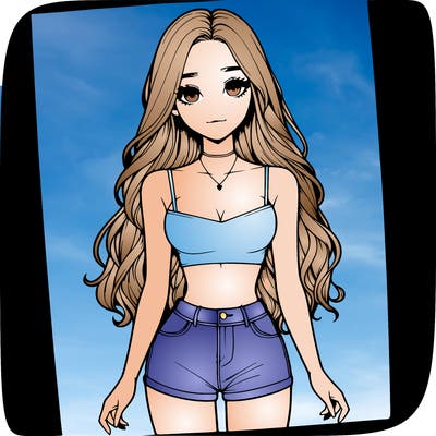 a realistic girl with long hair and in a crop top and shprts