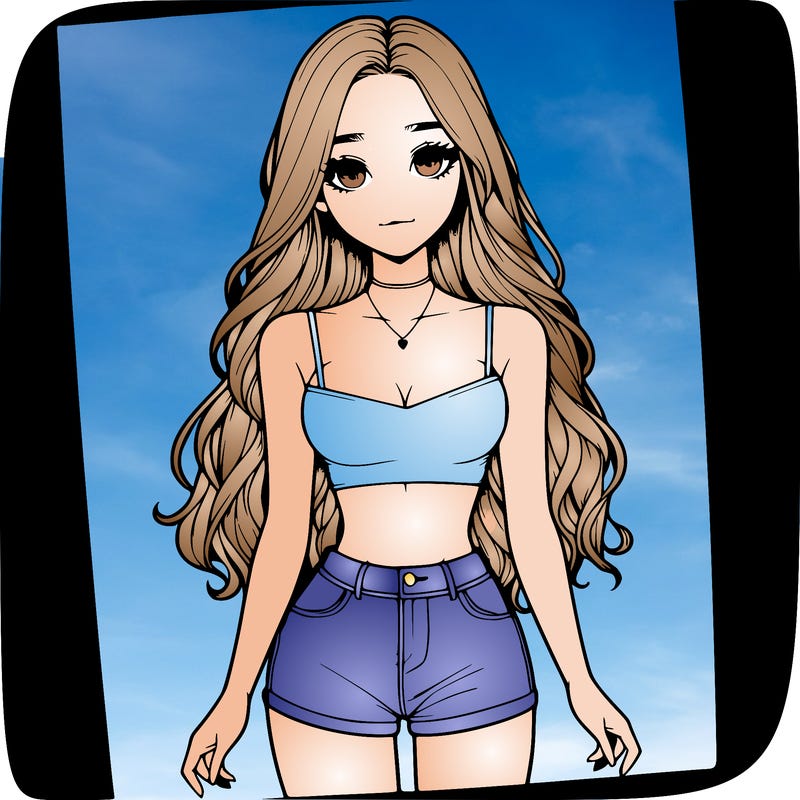 a realistic girl with long hair and in a crop top and shprts