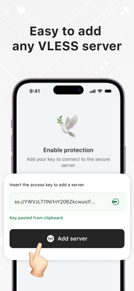V2Ray Client+ - L'interface V2Ray Client+ montrant comment ajouter une configuration de serveur VLESS en collant une clé d'accès du presse-papiers.