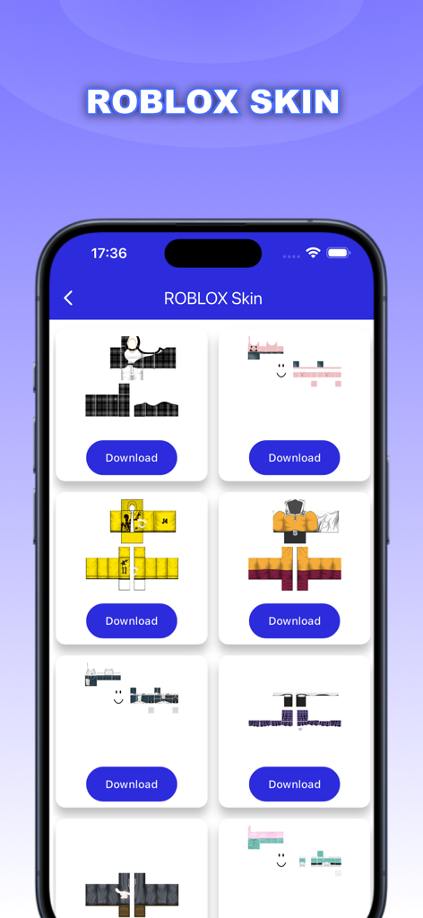 Pantalla móvil que muestra una variedad de skins de Roblox descargables dentro de la aplicación Auto Clicker